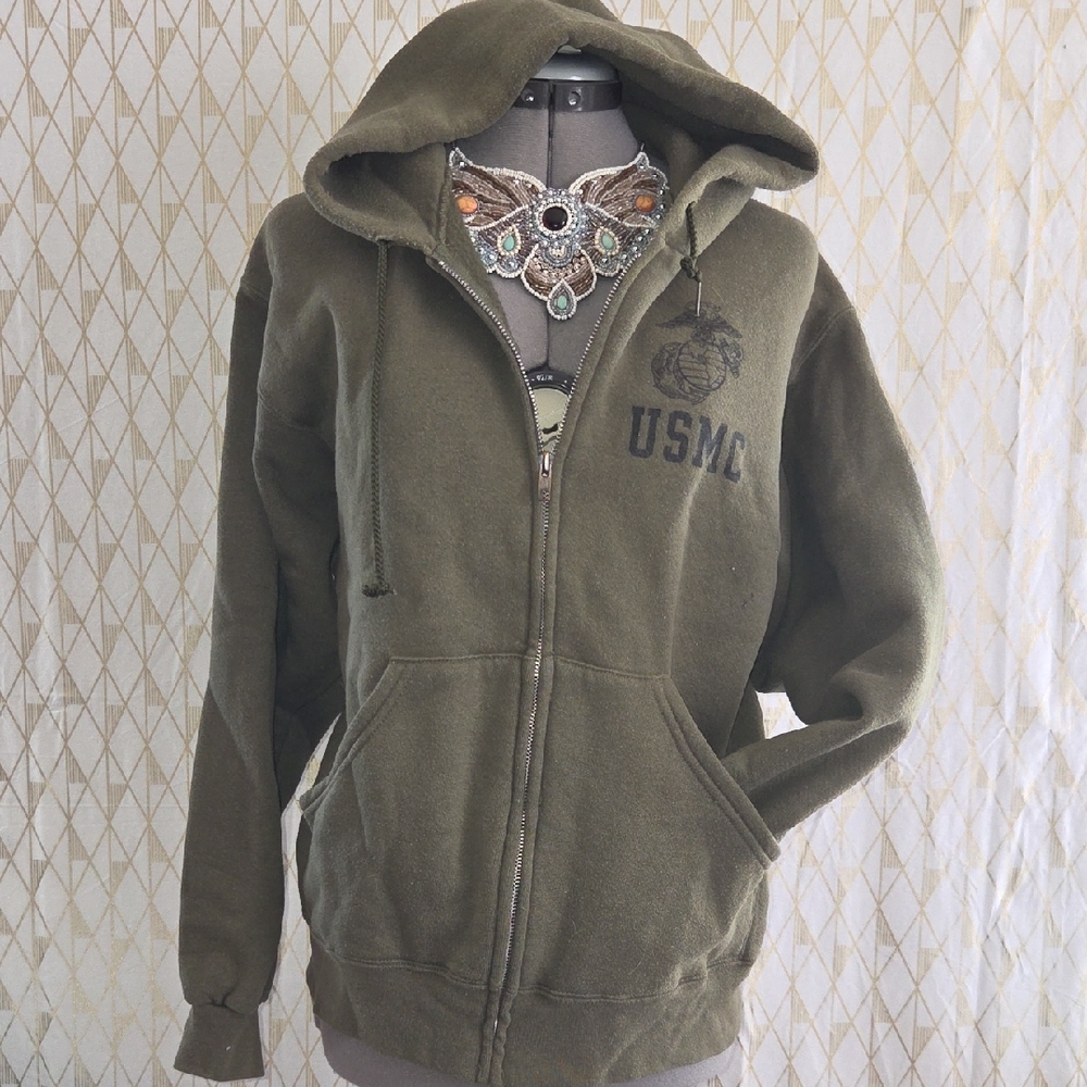 USMC Olive Green Zip Hoodie with Logo